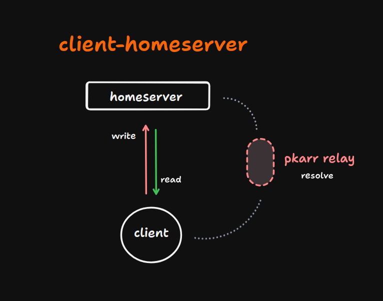 Simple client-homeserver architecture diagram showing direct connection between client application and a single Homeserver for data storage and retrieval