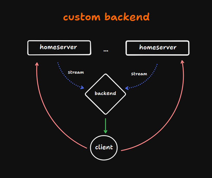 Complex custom backend architecture diagram showing Homeservers, custom aggregation logic, inference engines, and specialized API services